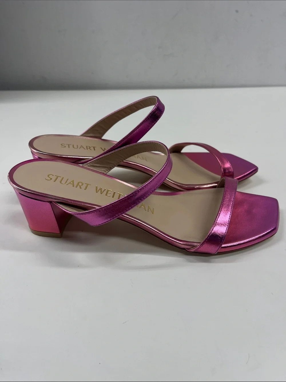 New Stuart Weitzman Aleena Leather Slide Heel Sandals in Metallic Pink Size 7